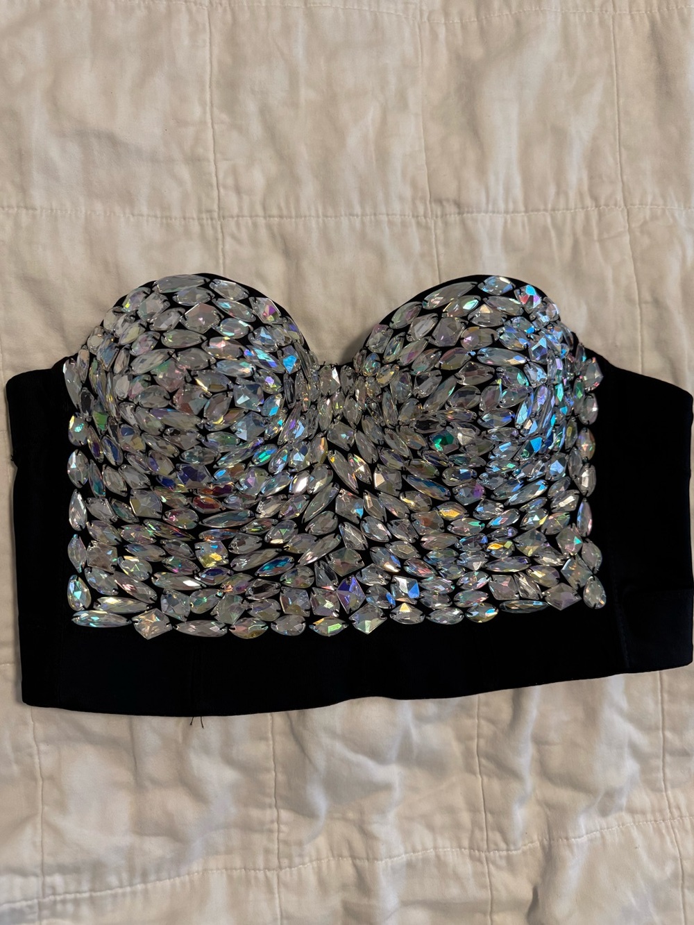 Silver Rhinestone Crystal Embellished Festival Bustier Crop Top Rave S